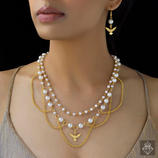 Anti-Tarnish Pearls & Bird Necklace Set With Earrings✨ Ivory